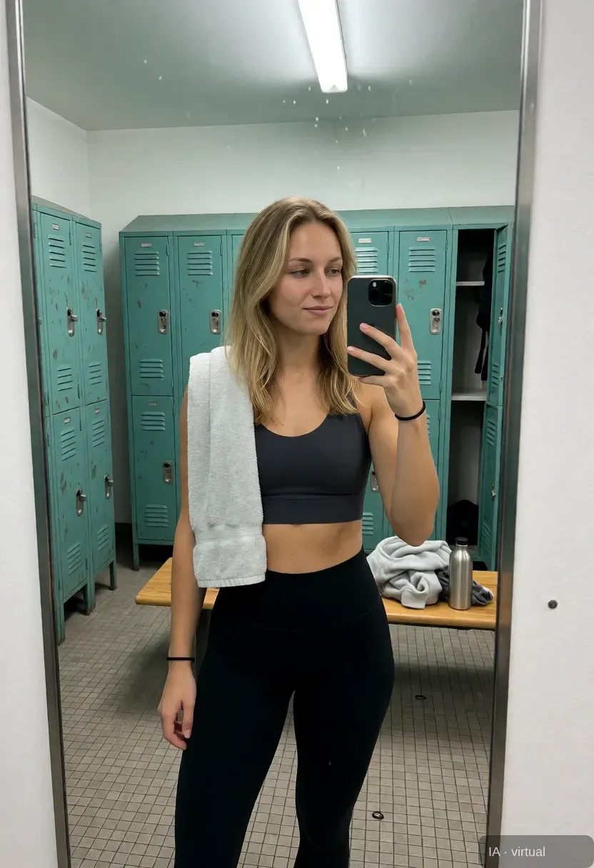 The same AI character taking a mirror selfie in a gym locker room
