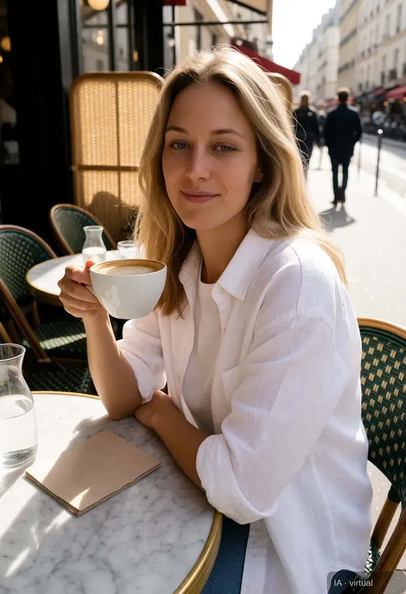 The same AI character holding a cappuccino on a Paris café terrace