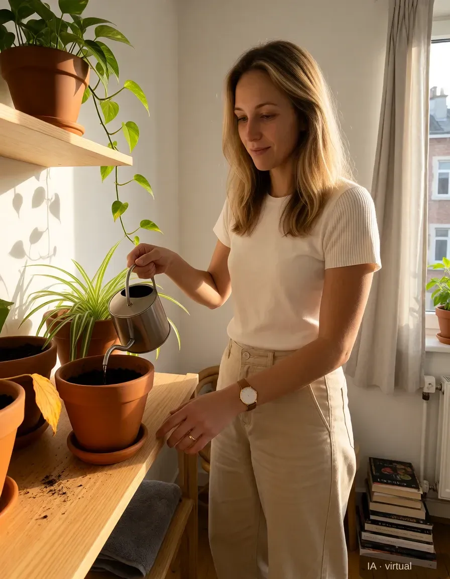 AI-generated character watering her houseplants in a sunlit apartment, created with Muzea