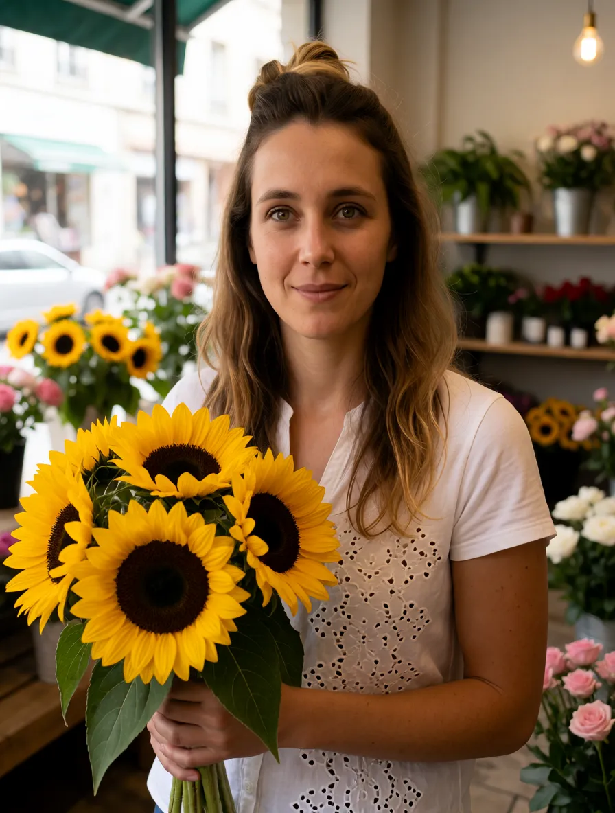 An AI-generated florist holding sunflowers in her shop, created with Muzea